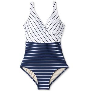 Kona Sol Women's Striped V-Neck Full Coverage One Piece Swimsuit Navy Blue SZ S